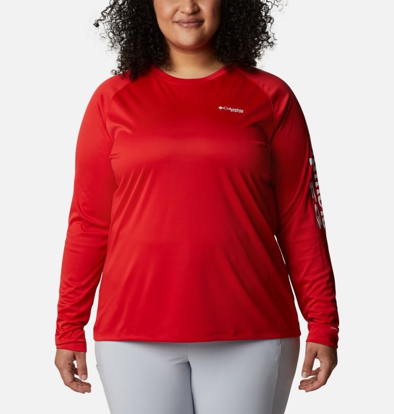Women\'s Columbia PFG Tidal Tee II Long Sleeve Sweatshirts Red | Plus Size CA-L0C64